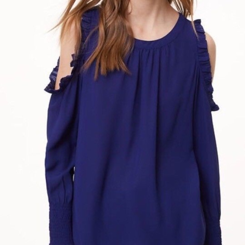 Ann Taylor LOFT Ruffled Blue Cold Shoulder Top